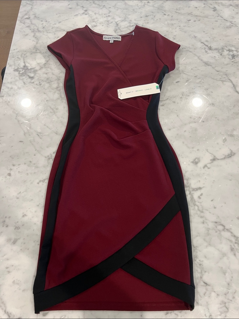 Almost Famous Wine and Black Faux-Wrap Midi Dress